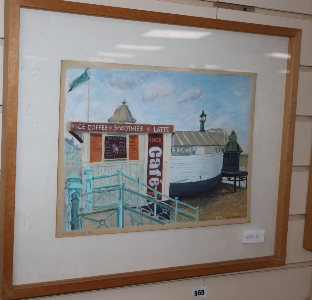 Anne Sheppard, watercolour and collage, Beach scene, signed and dated 06, 27 x 37cm